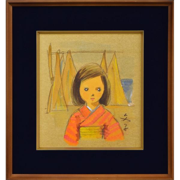 神戸 文子「きもの少女」水彩画・色紙■真筆証明書付■女流画家協会委員■日展特選■実力画家の逸品【小竹美術】真作保証