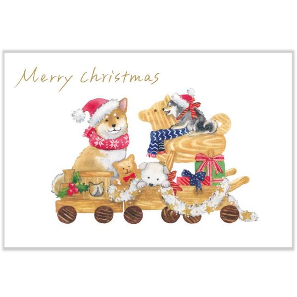 クリスマスを楽しむしばいぬたちがかわいい！人気イラストレーター「村田なつか」の繊細な水彩画ポストカードです。「木馬と汽車」サイズ：148×100mm素材：紙/金箔株式会社アクティブコーポレーションポストカード　メッセージカード　ギフト　かわ...