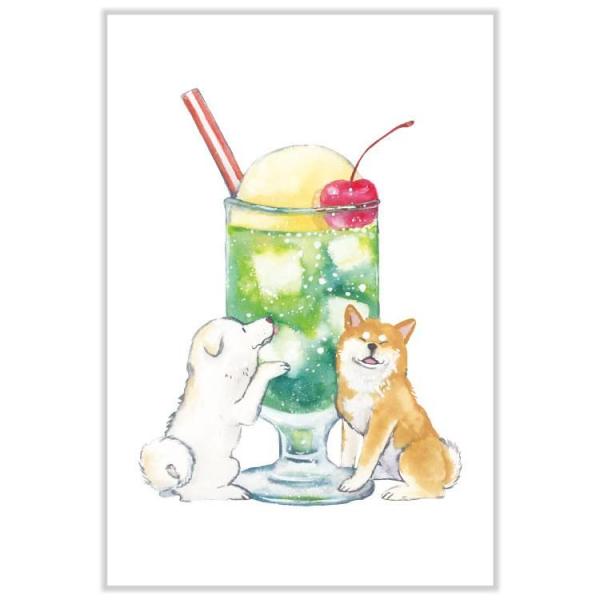 おいしそうなおやつと愛らしいしばいぬがみずみずしいタッチで描かれた水彩画のポストカードです。思わず大切にコレクションしたくなる可愛さです。「クリームソーダ」サイズ：100×148mm素材：紙株式会社アクティブコーポレーションポストカード　メ...