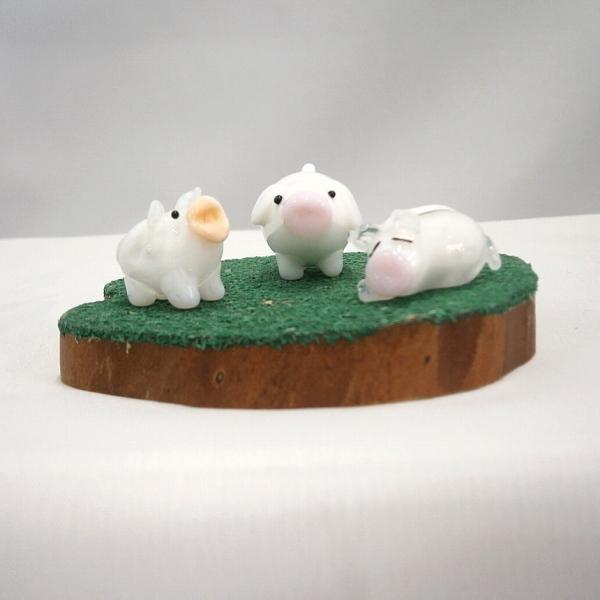 ガラス細工 動物 ぶた インテリア雑貨 ミニチュア 置物【ブタの親子木