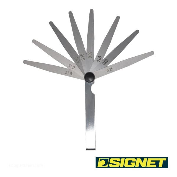●名称：フィラーゲージ9PCS●メーカー：SIGNET：シグネット●型番：75404●測定器＞シックネスゲージ●仕様：ブレード数：9 ブレード長(mm)：100 ブレード幅(mm)：10 硬度(HRC)：20 測定範囲(mm)：0.03・0...