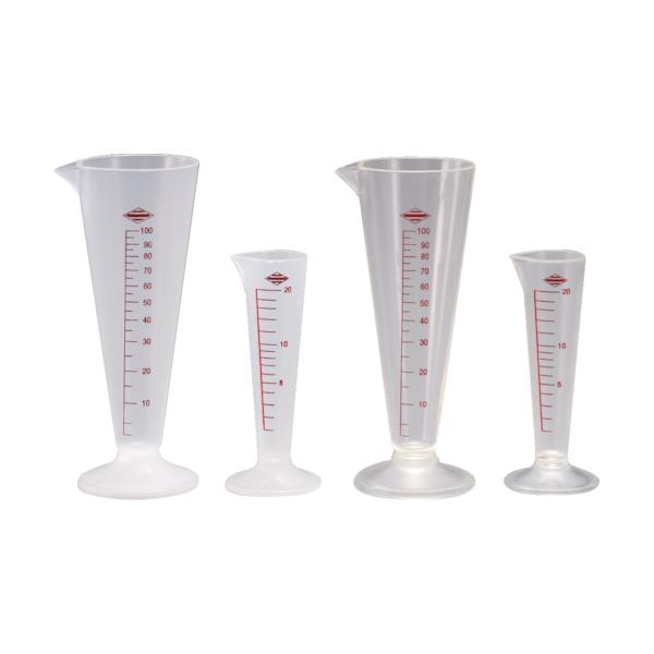 "●安価なポリプロピレン(PP)と透明度が高いTPX［［Ｒ上］］樹脂の２種類です。<br><br>●容量(ml)：20<br>●目盛間隔(ml)：10mlまで1、10ml以降2<br>●口内径...