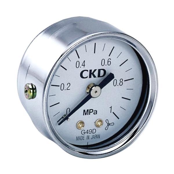 "●汎用圧力計です。<br><br>●圧縮空気の圧力を目視管理に。<br><br>●圧力レンジ(MPa)：0〜0.2<br>●最小目盛(MPa)：0.01<br>●形状...