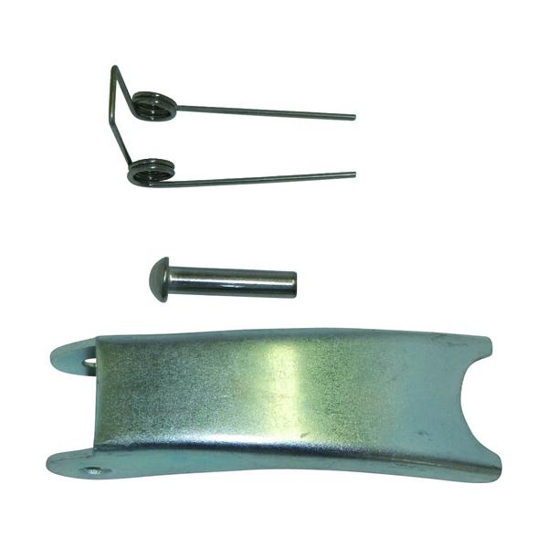 "●重量フック　バネ付（ラッチ付）の取り換え用ハズレ止め金具セットです。<br>●板、バネ、リベットの三点セットです。<br><br>●玉掛け用、吊り索用。<br><br>●適合機...