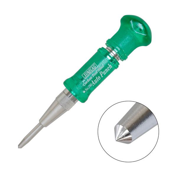 "●ハンマー不要、操作はワンタッチです。<br>●打ち込みの強弱が簡単に調節できます。<br><br>●目印作業・ケガキ作業・ドリルの位置決めなどに。<br><br>●全長(mm)...