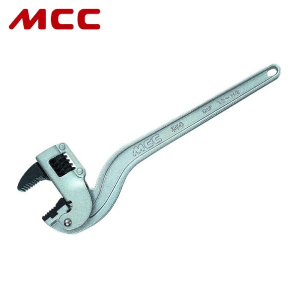 MCC コーナーレンチ|特長:パイプレンチの機能に加え、コーナー部、溝の中などの狭所の配管作業に最適です。 品質はJIS強力級の各サイズに相当しています。 アルミハンドルの採用により従来品より30%軽量化しました。