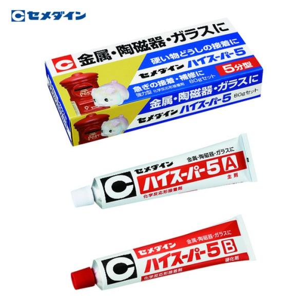 特長●硬質材料に最適です。●耐熱性、耐水性、耐薬品性に優れます。●混合して5分後から硬化が始まります（23℃）。●主剤を青色に着色しており、混合が完了すると青色が消えます。用途●日曜大工に。●プラモデル、金属模型、釣り具の制作、補修に。