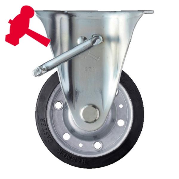 ハンマー プレート式ゴムキャスター|特長:旋回式キャスター420J/413Jと併用できる強靭な固定式キャスターです。 使用例 : 機械の移動や重量物運搬用として多く使用されています。 車輪はラジアルボールベアリング入りです。