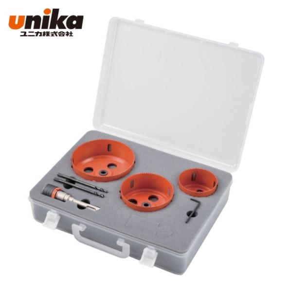 UNIKA 替刃式ホールソー|特長:携帯、収納に便利なクリアケースセットです。 シャンク1本とセンタードリル2本が付属されます。