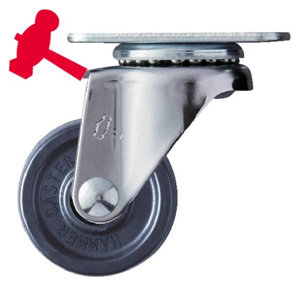 ハンマー プレート式エラストマーキャスター|特長:クロームメッキ仕上げで、デザイン性と軽快さを要求される機器に最適なキャスターです。 事務機器や家具、屋内運搬車や軽量ラック等、幅広く使用されています。