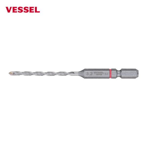 VESSEL コンクリートドリル(6.35六角軸)|特長:片刃非対称の新設計刃で切削抵抗が減り切削スピードと耐久性がアップします。 刃先を水で冷やせば、穴あけが回数アップします。 クッションリングでサイズを色分けしています。