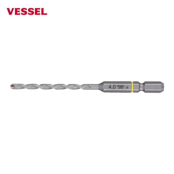 VESSEL コンクリートドリル(6.35六角軸)|特長:両刃2枚刃で切削の負荷を分散し高耐久です。 マルチタイプで様々な被削材の穿孔が可能です。 クッションリングでサイズを色分けしています。