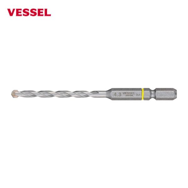 VESSEL コンクリートドリル(6.35六角軸)|特長:片刃非対称の新設計刃で切削抵抗が減り切削スピードと耐久性がアップします。 刃先を水で冷やせば、穴あけが回数アップします。 クッションリングでサイズを色分けしています。