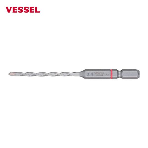 VESSEL コンクリートドリル(6.35六角軸)|特長:片刃非対称の新設計刃で切削抵抗が減り切削スピードと耐久性がアップします。 刃先を水で冷やせば、穴あけが回数アップします。 クッションリングでサイズを色分けしています。