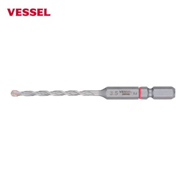 VESSEL コンクリートドリル(6.35六角軸)|特長:片刃非対称の新設計刃で切削抵抗が減り切削スピードと耐久性がアップします。 刃先を水で冷やせば、穴あけが回数アップします。 クッションリングでサイズを色分けしています。