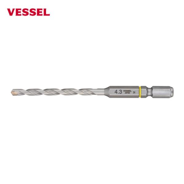 VESSEL コンクリートドリル(6.35六角軸)|特長:両刃2枚刃で切削の負荷を分散し高耐久です。 マルチタイプで様々な被削材の穿孔が可能です。 クッションリングでサイズを色分けしています。