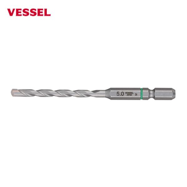 VESSEL コンクリートドリル(6.35六角軸)|特長:両刃2枚刃で切削の負荷を分散し高耐久です。 マルチタイプで様々な被削材の穿孔が可能です。 クッションリングでサイズを色分けしています。