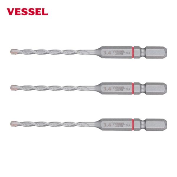 VESSEL コンクリートドリル(6.35六角軸)|特長:両刃2枚刃で切削の負荷を分散し高耐久です。 マルチタイプで様々な被削材の穿孔が可能です。 クッションリングでサイズを色分けしています。