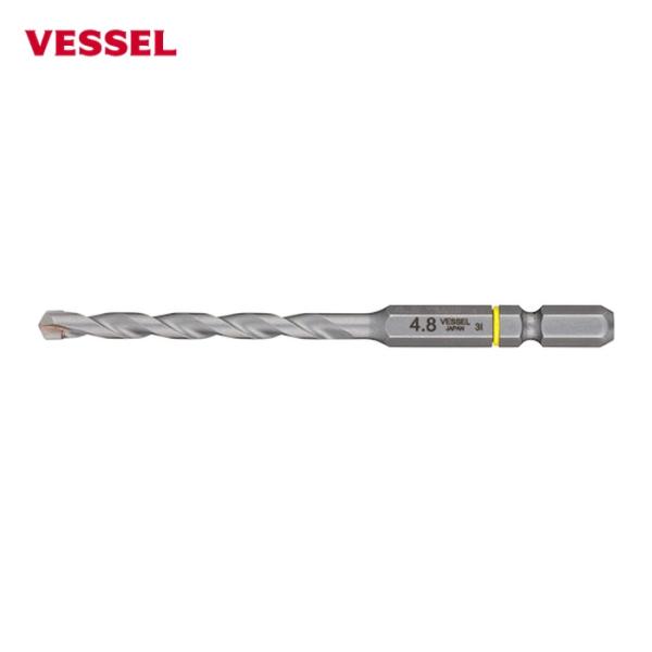 VESSEL コンクリートドリル(6.35六角軸)|特長:両刃2枚刃で切削の負荷を分散し高耐久です。 マルチタイプで様々な被削材の穿孔が可能です。 クッションリングでサイズを色分けしています。