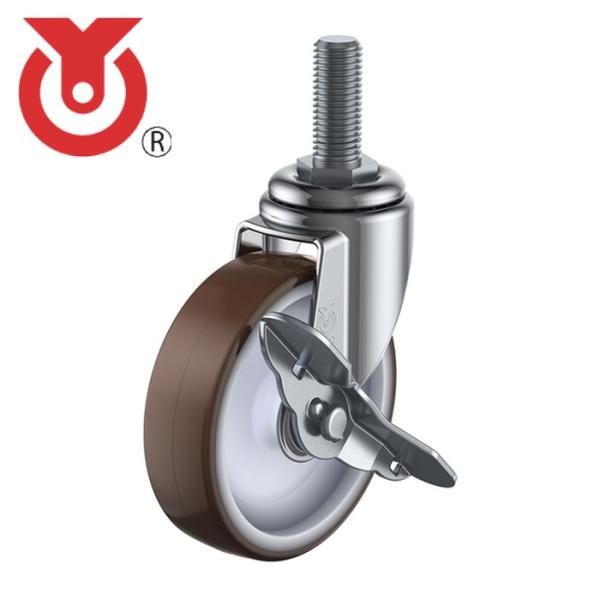 ユーエイ ねじ込み式ウレタンキャスター|特長:高級感のあるクロムメッキ仕上げで装飾性に優れます。 耐油性、耐摩耗性に優れたウレタン車輪を使用しています。