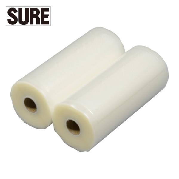 SURE 真空包装機|特長:真空包装機脱気式専用のエンボス付ナイロンポリ袋ロールタイプです。 好きな長さでカットできるので長モノを真空パックできます。