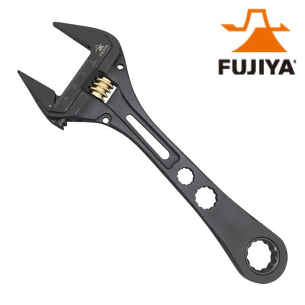 フジ矢 モンキーレンチ|特長:柄端部に17mmのラチェットレンチが付いているので足場組作業などに最適です。 最大開口38mmとワイドな開口です。 柄の部分には10mm、13mmのメガネレンチ付きです。