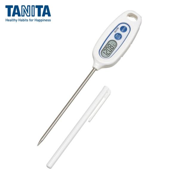 TANITA 中心温度計|特長:測った温度の表示を固定して確認できるホールド機能付きです。 丸洗いできる防水仕様なので、清潔な状態で使用可能です。 持ち手になるセンサーホルダー付きです。
