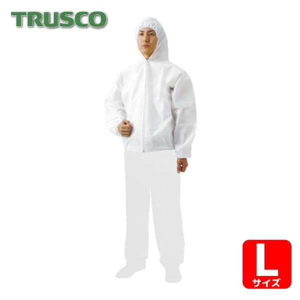 TRUSCO 使い捨て保護服|特長:前部は、表面コートしていますので油汚れやホコリが付きにくく浸透も防ぎます。 背面部は、通気性に優れ蒸れにくくなっています。 焼却処分しても有害ガスが発生しません。