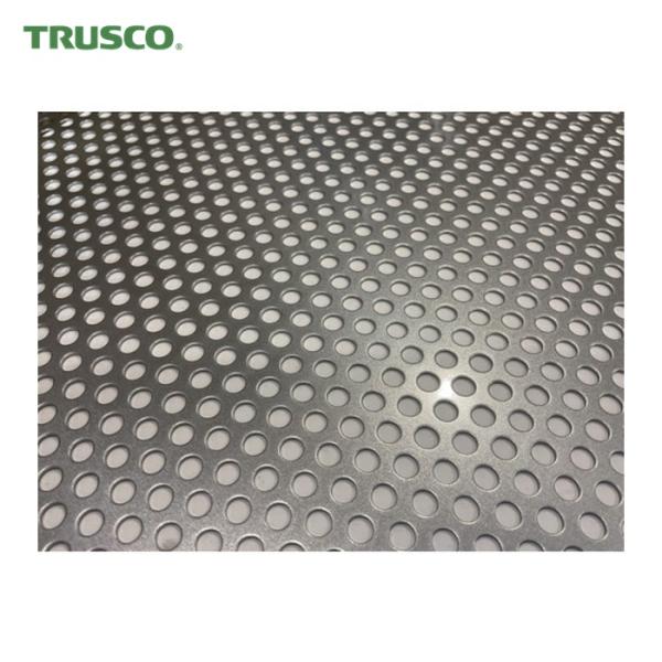 TRUSCO パンチングメタル|特長:パンチングプレスの金型で規則的に孔を開けた金属板です。 表面が平面であるため、耐摩耗等の耐久性が高く目が崩れることもありません。 450mm角サイズにカットされています。