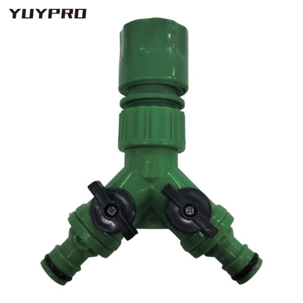 YUYPRO 噴霧システム|特長:同社の装着ミスト用オプション品です。 1つの蛇口から切替えて別の用途に使用可能になります。 2方向に分水 流量調節 ストップ機能付きです。