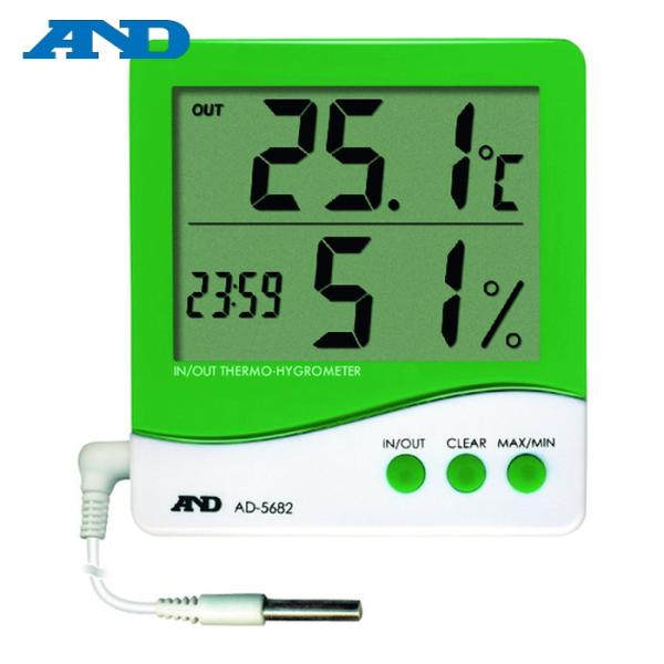 A&amp;D 温湿度計(デジタル)|特長:室内の温度、湿度と時刻を同時表示します。 外部温度と切り替え表示可能です。 外部センサーで他の温度も計測可能です。