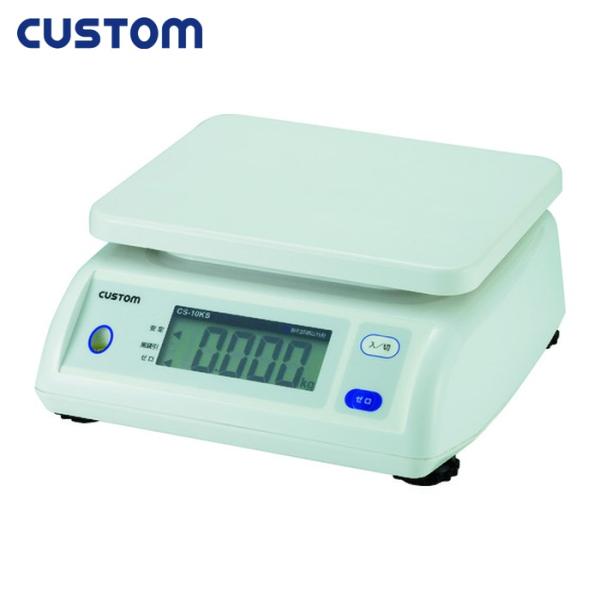 CUSTOM 防じん・防水型デジタルはかり|特長:上から水をこぼしても安心なシャワープルーフ(防滴)はかりです。 重力加速度16エリア設定可能です。 水準器・風袋機能付です。