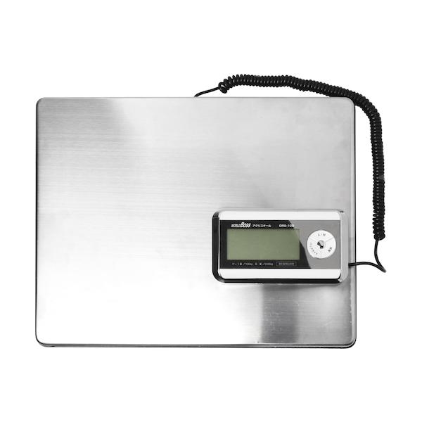 ワールドボス デジタルはかり|特長:大きな計量皿で大きな計量物もしっかり計測できます。 見やすい位置で測定値を確認できるリモート式です。 (壁掛け・スタンドが可能)・錆びにくいステンレス皿です。