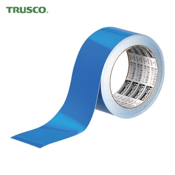 TRUSCO 蛍光ラインテープ|特長:鮮やかな蛍光色のラインテープです。 照明によって蛍光を発し鮮明に見えるため、強い注意喚起が必要な場所に最適です。 粘着力が強力ではがれにくくなっています。