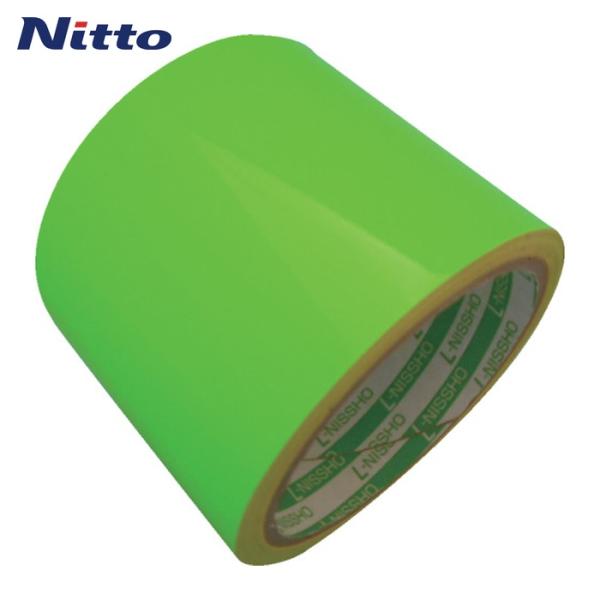 日東エルマテ 蛍光ラインテープ|特長:太陽光や照明により蛍光を発し鮮明に見えます。 設置が容易なはく離紙付です。