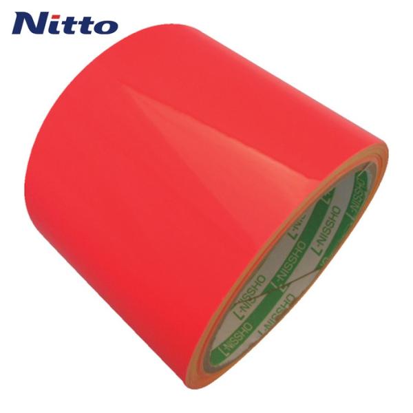 日東エルマテ 蛍光ラインテープ|特長:太陽光や照明により蛍光を発し鮮明に見えます。 設置が容易なはく離紙付です。