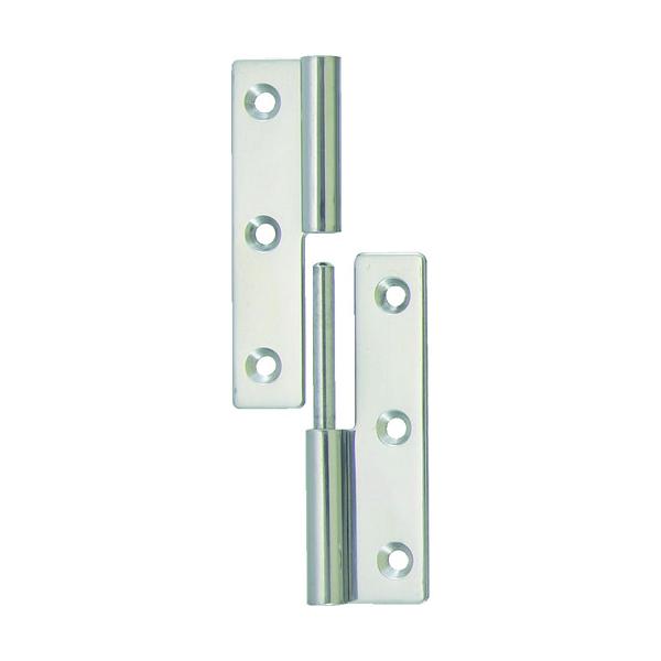 【仕様】●全長(mm)：50●幅(mm)：32●厚さ(mm)：1.5●ねじ穴数：6●穴径(mm)：3.2●耐荷重(kg)2個使用時：7●取付方法：木ねじ(別売)●表面処理：鏡面バフ研磨仕上げ●軸径(mm)D2：7.5●タイプ：左用●左用【型...