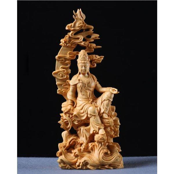 黄楊木 彫刻 木製 仏像 工芸品 水月観音 仏像 観音菩薩 仏像 置物 鎮宅 