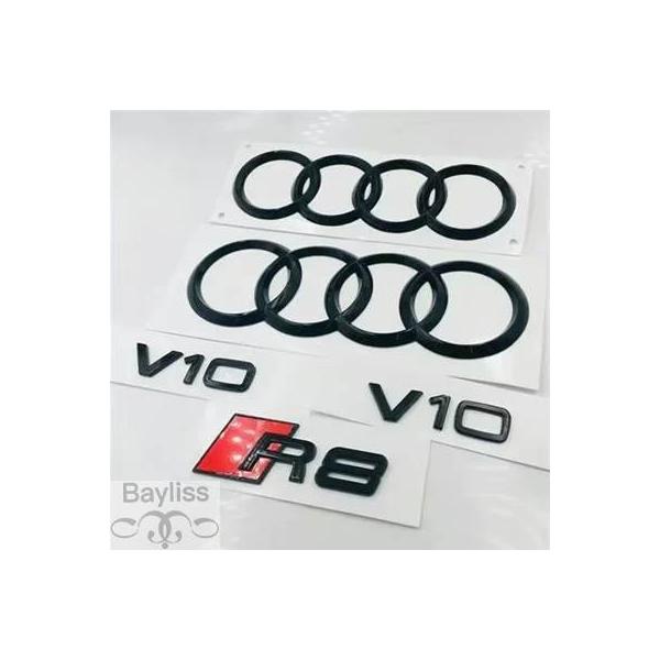 ABSブラックカーフードフロントグリルエンブレム リアトランクバッジステッカー アウディR8 4リングロゴ v10 カーアクセサリー