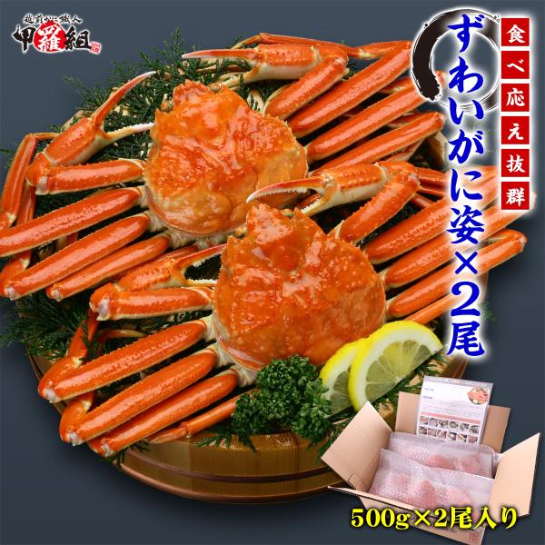 商品内容：ボイルずわいがに姿1kg（500g前後×2尾入り）　＜原材料＞カナダ産ズワイガニ、塩 ※正規品として販売しておりますが、小指（一番下の小さい足）や足の先の一部が欠けている場合がございます。ご了承くださいませ。賞味期限：冷凍−18℃...