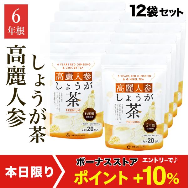 超得！まとめ買い 高麗人参しょうが茶PREMIUM（20包×12袋セット）／ 高麗紅参茶 高麗人参茶 しょうが茶 生姜茶 紅参茶 人参茶 サポニン ginseng