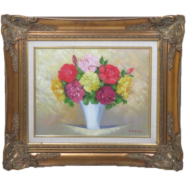 遠藤勝 『 バラ 』 油彩 油絵 真作 オリジナル 絵画 中古