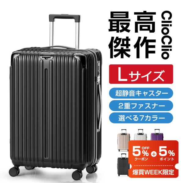スーツケース Lサイズ 超静音ダブルキャスター 大容量 軽量 2重コイルファスナー PC＆ABS混合素材 TSAロック キャスター簡単交換 機内持ち込み可能