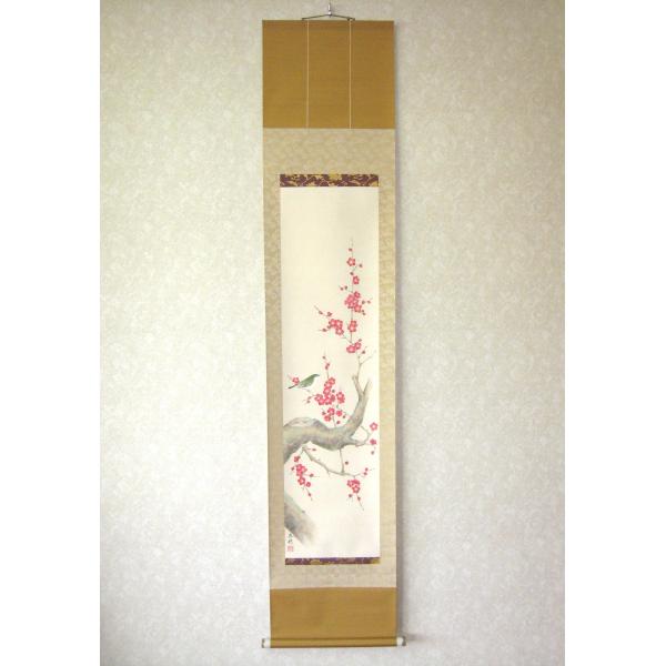 掛け軸 掛軸 紅梅に鴬 藤田春穂 (真筆・新品) 九寸立 共箱・タトウ箱付