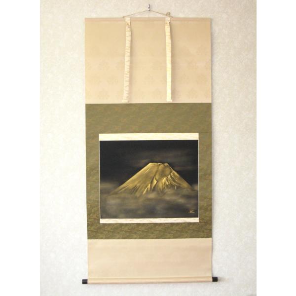 【真筆】掛け軸　富士之山◆長島博山　金泥使用 太巻仕様 共箱・タトウ箱付 掛け軸 掛軸 富士之山 長島博山 (真筆・中古) 金泥使用 太巻仕様