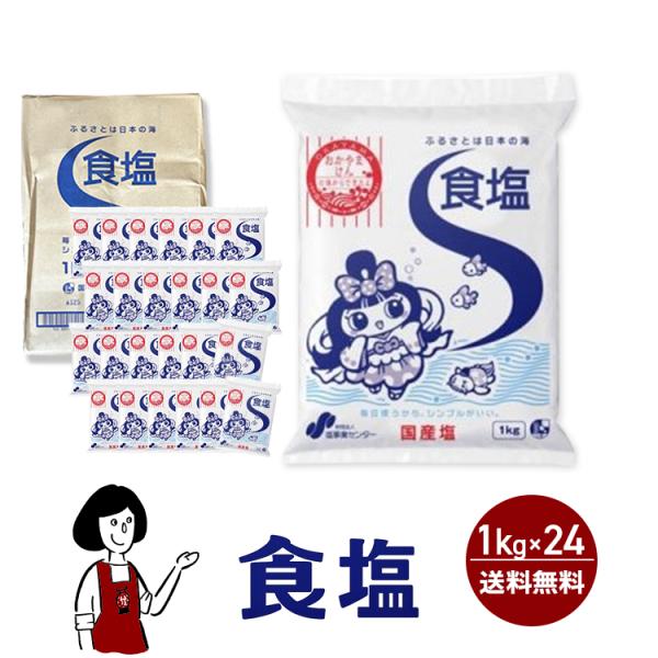 塩事業センター 食塩 1kg×24袋 (合計24kg) / 国産 塩 海水塩 業務用 まとめ買い 漬物 下ごしらえ 送料無料
