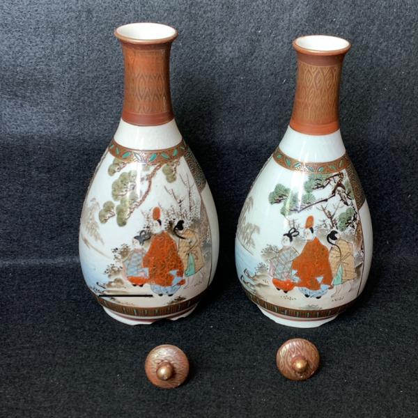 九谷焼 中古 陶器 徳利 2客 酒器 蓋付 青粒 昭和 一輪挿し 花器 九谷焼 中古 陶器 徳利 2客 酒器 蓋付 青粒 昭和 一輪挿し 花器
