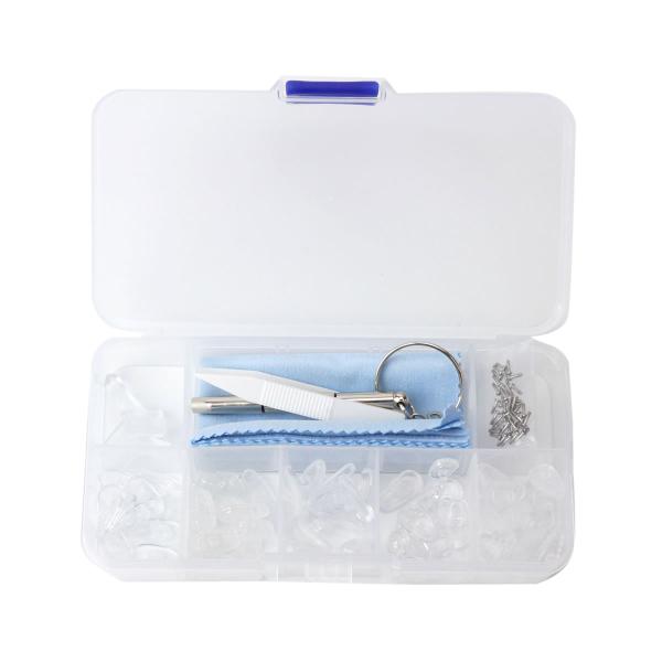 商品仕様ケースサイズ：約12.3cm×約6.5cm×約2.2cm素材：シリコン、PVC、プラスチックセット内容鼻パッド5種類×5ペア、多機能ミニドライバー×1、ピンセット×1交換用ネジ×36、ズレ防止ストッパー×1ペア、メガネ拭き×1生産国...