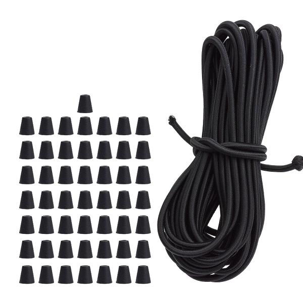 【ゴムロープ】長さ(約)：10m太さ(約)：5mm材質：ゴム、ポリエステル重量(約)：172g (10m) 製造国：中国【エンドストッパー】サイズ(約)：縦13mm×横12mm穴直径(約)：5mm材質：プラスチック入数：50個重量(約)：0...