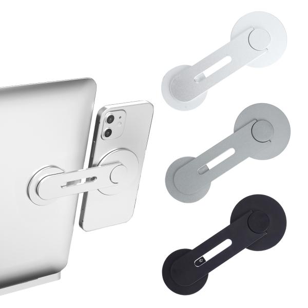 パソコンやモニターの背面に貼り付けるだけ!マグネット式のスマホホルダー。パソコンの画面を見ながらスマホの画面や操作ができる！配信やリモートワークに最適！商品サイズ：画像参照素材：アルミニウム合金重量：約58gセット内容：ホルダー×1、金属リ...